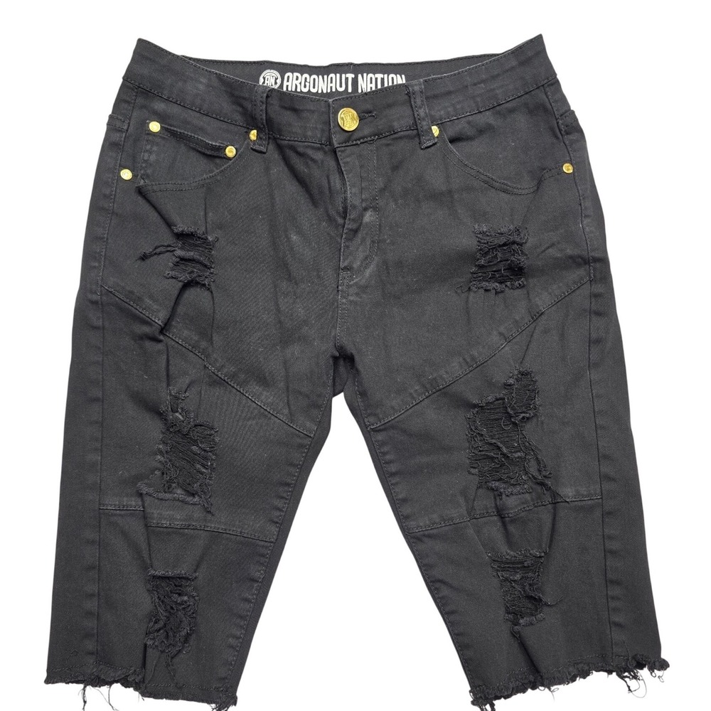 Argonaut Nation Distressed Denim Shorts Black Ripped Streetwear Mens 32